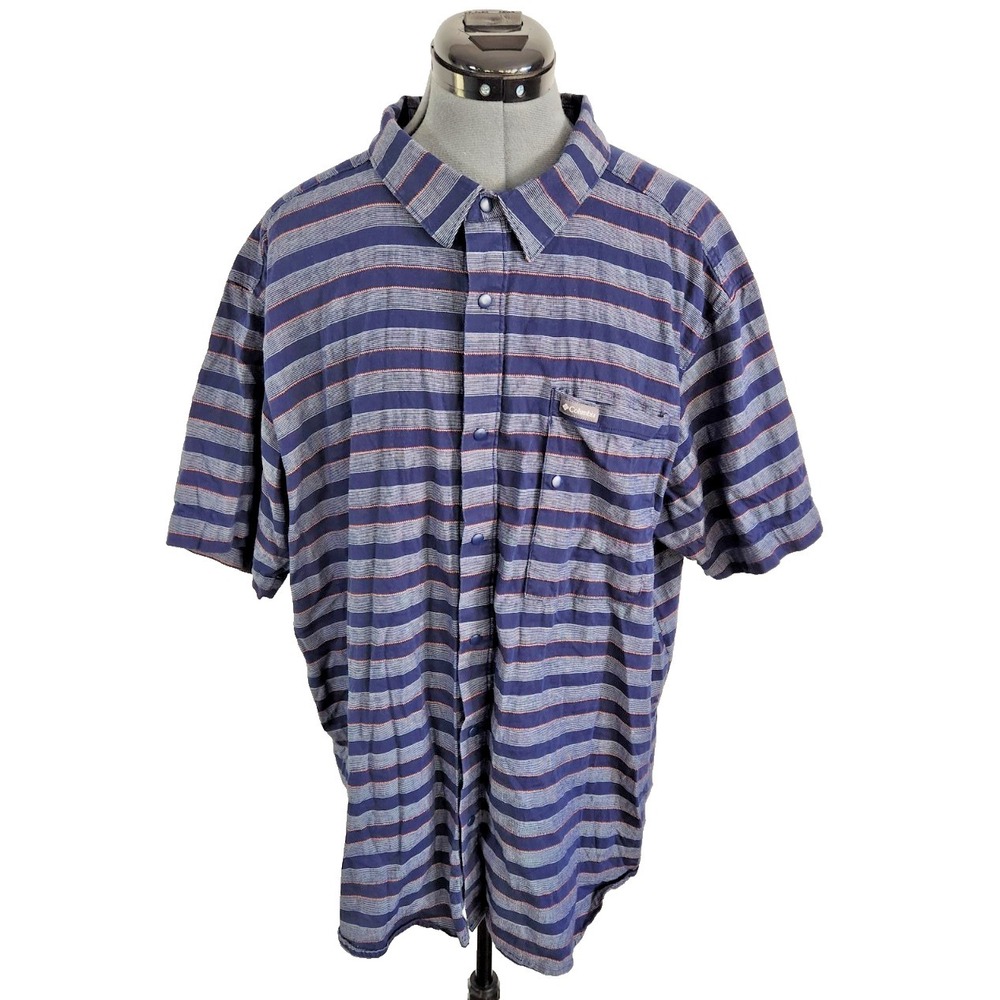 Columbia Mens XXL Short Sleeve Snap Front Striped Hiking Shirt Navy Blue Grey